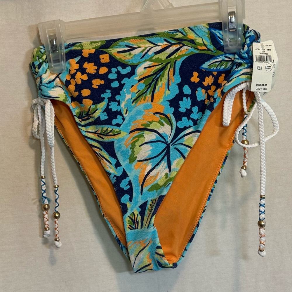 AA-404 Aerie NWT High Cut Cheeky Blue & Orange Floral Bikini Bottoms Size S‎
